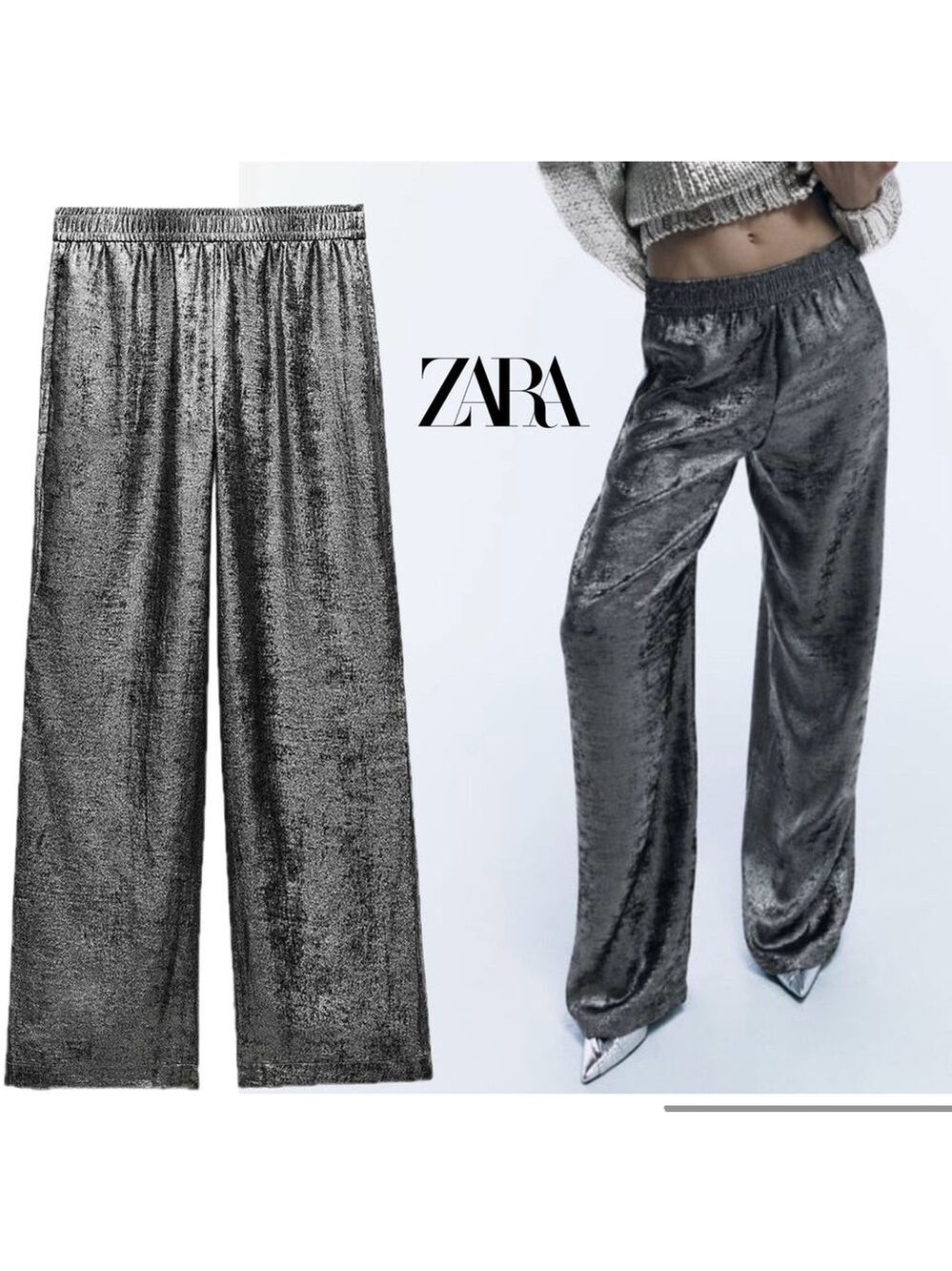Zara silver metallic foil washed out mid rise loose fit straight leg pants Sz XS